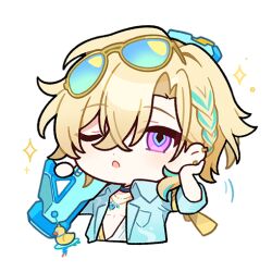  1boy aventurine_(honkai:_star_rail) aventurine_(waveflair)_(honkai:_star_rail) bare_pectorals blonde_hair chibi chibi_only eyewear_on_head green-tinted_eyewear hand_on_own_ear honkai:_star_rail honkai_(series) jewelry necklace official_art one_eye_closed open_mouth pectorals tinted_eyewear violet_eyes water_gun 