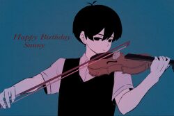  1boy antenna_hair black_sweater_vest blue_background bow_(music) character_name closed_mouth collared_shirt commentary double-parted_bangs hair_between_eyes happy_birthday highres holding holding_bow_(music) holding_instrument holding_violin instrument looking_at_viewer male_focus omori pasuta928008 shirt short_hair short_sleeves simple_background solo sunny_(omori) sweater_vest untranslatable_commentary violin white_shirt 