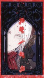 1girl 1other architecture ascot bloodborne bonnet border closed_mouth commentary flower gothic_architecture hat hat_flower hat_ribbon head_tilt hunter_(great_one)_(bloodborne) looking_to_the_side pale_skin plain_doll red_ascot red_bonnet ribbon solo sososos78534150 sparkle white_hair window 