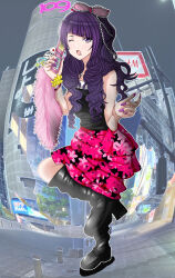  1girl black_boots black_shirt boots bow bracelet building cellphone charm_(object) commentary_request diagonal_bangs dice eyelashes face_piercing fingernails fisheye flip_phone full_body hair_bow highres holding holding_phone idolmaster idolmaster_shiny_colors jewelry long_hair mouth_piercing nagareboshi_(high-star) one_eye_closed open_mouth outline phone piercing pink_bow pink_skirt purple_hair purple_nails scrunchie shirt skirt solo standing standing_on_one_leg tanaka_mamimi violet_eyes white_outline wrist_scrunchie 