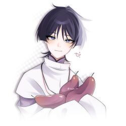  1boy absurdres arm_cutout black_hair blunt_ends closed_mouth clothing_cutout eyeliner food fruit genshin_impact heart highres holding holding_food holding_fruit japanese_clothes kimono lavender_melon_(genshin_impact) layered_sleeves looking_at_viewer makeup male_focus mandarin_collar portrait purple_kimono purple_sleeves red_eyeliner scaramouche_(genshin_impact) scaramouche_(kabukimono)_(genshin_impact) sleeves_past_fingers sleeves_past_wrists smile solo string tsurime violet_eyes white_background white_sleeves wispy_bangs zushi_nn 