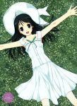  1girl :d absurdres black_eyes black_hair collarbone copyright_request dress female grass hat highres long_dress looking_at_viewer lying murakami_suigun on_back open_mouth outstretched_arms smile solo spread_arms sundress white_dress 