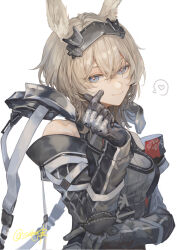  1girl absurdres animal_ears arknights arknights:_endfield avywenna_(arknights) bare_shoulders black_gloves blue_eyes bright_pupils brown_hair diamond-shaped_pupils diamond_(shape) elbow_gloves finger_heart gloves hair_between_eyes heart highres looking_at_viewer miike_(992058) rabbit_ears rabbit_girl shirt short_hair simple_background sleeveless sleeveless_shirt smile solo spoken_heart symbol-shaped_pupils upper_body white_background white_pupils 