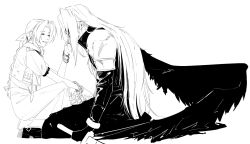  0gong0g 1boy 1girl aerith_gainsborough arm_belt armor bangle basket black_coat black_gloves black_wings bracelet braid braided_ponytail closed_eyes coat commentary_request cropped_jacket dress feathered_wings final_fantasy final_fantasy_vii final_fantasy_vii_remake flower_basket full_body gloves greyscale hair_ribbon hand_in_another's_hair highres holding holding_basket holding_sword holding_weapon jewelry kneeling korean_commentary long_coat long_dress long_hair masamune_(ff7) monochrome multiple_bracelets parted_bangs parted_lips pauldrons ribbon sephiroth shoulder_armor sidelocks single_braid single_wing smile squatting sword weapon white_background wings 
