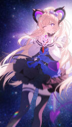  1girl absurdres animal_ears arknights arknights:_endfield black_thighhighs blonde_hair bow bright_pupils demon_horns demon_tail dress feet_out_of_frame frills hair_bobbles hair_bow hair_ornament heart heart_hands high_ponytail highres hitomi_(tongshou) horns liino_(arknights) long_hair long_sleeves looking_at_viewer one_eye_closed pointy_ears ponytail purple_hair shirt skirt sky smile solo standing star-shaped_pupils star_(sky) star_(symbol) starry_sky symbol-shaped_pupils tail thigh-highs very_long_hair violet_eyes white_pupils white_shirt 