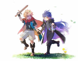 2boys :d ^_^ absurdres aged_down aqua_coat arm_up artist_name bandaged_arm bandages bandaid bandaid_on_knee bandaid_on_leg belt belt_buckle black_belt black_boots black_capelet black_coat black_gloves black_pants black_ribbon black_shirt blonde_hair blue_fire blue_hair boots brown_belt buckle cape capelet chain child closed_eyes coat commentary_request crossed_bangs dandelion dandelion_clock fangs fingerless_gloves fire flins_(genshin_impact) floating_hair flower fold-over_boots geass genshin_impact gloves gradient_hair grey_sweater hair_between_eyes hair_intakes happy hashtag highres holding holding_hands holding_lantern holding_sword holding_weapon jewelry lantern lapel_pin lapels leaf light_particles long_hair long_sleeves looking_at_another male_focus multicolored_hair multiple_boys necklace open_clothes open_coat open_mouth pants parted_bangs personification purple_fire red_cape ribbed_sweater ribbon running scar scar_on_arm scar_on_cheek scar_on_face scratches shirt short_hair short_sleeves shorts sleeveless sleeveless_coat smile sweater sword tc_aexiao teeth thai_commentary thick_eyebrows turtleneck turtleneck_sweater twitter_username upper_teeth_only varka_(genshin_impact) very_long_hair weapon white_shorts wooden_sword yellow_eyes yellow_flower 
