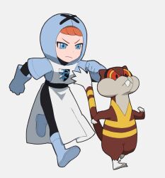  1boy blue_boots blue_eyes blue_gloves blue_hood blue_jacket boots clenched_hands closed_mouth commentary_request full_body gloves hood hood_up hooded_jacket jacket male_focus orange_hair pokemon pokemon_(creature) pokemon_black_and_white sakai_so2 short_hair team_plasma_grunt team_plasma_uniform v-shaped_eyebrows walking watchog white_background 
