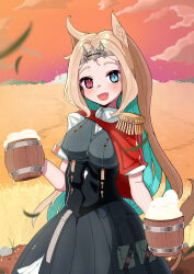  1girl absurdres alcohol animal_ears aqua_hair archetto_(arknights) arknights beer beer_mug blonde_hair blue_eyes breasts cape chinese_commentary colored_inner_hair commentary_request cup dress epaulettes fang grey_dress heterochromia highres holding holding_cup long_hair looking_at_viewer medium_breasts mug multicolored_hair open_mouth petticoat pnteao red_cape red_eyes short_sleeves skin_fang skirt smile solo tail 