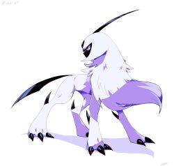  absol absurdres bright_pupils claws closed_mouth commentary full_body highres likey looking_back no_humans pokemon pokemon_(creature) pokemon_focus red_eyes solo standing white_background white_fur white_pupils 