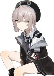  1girl ahoge beret black_jacket black_necktie black_skirt black_socks brown_jacket cheyanne_(girls'_frontline_2) closed_mouth collared_shirt commentary expressionless girls'_frontline_2:_exilium girls_frontline grey_hair hat highres jacket long_sleeves looking_at_viewer m200_(girls'_frontline) necktie off_shoulder open_clothes open_jacket pleated_skirt ponytail rotroto shirt sidelocks simple_background sitting skirt socks solo violet_eyes white_background white_shirt 