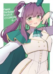  1girl :d border buttons cape character_name commentary_request cowboy_shot dated double-breasted green_background green_cape green_eyes green_hat hair_bun hana_sakeba_yume_kakeru happy_birthday hat highres jacket kaudon long_sleeves looking_at_viewer love_live! love_live!_hasu_no_sora_jogakuin_school_idol_club love_live!_hasu_no_sora_jogakuin_school_idol_club_bloom_garden_party mini_hat mini_top_hat open_mouth otomune_kozue outside_border pants purple_hair shirt side_cape side_ponytail sidelocks simple_background single_side_bun sleeveless sleeveless_jacket smile solo tilted_headwear top_hat white_border white_jacket white_pants white_shirt 