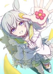 1girl absurdres animal_ears arm_up blue_eyes blush brown_choker choker commentary_request ear_covers flower from_above green_sailor_collar green_shorts grey_hair hair_between_eyes hair_flower hair_ornament hairclip highres horse_ears horse_girl horse_tail kasei_ovo long_sleeves looking_at_viewer looking_up open_mouth sailor_collar seiun_sky_(reeling_in_the_big_one)_(umamusume) seiun_sky_(umamusume) shirt short_hair shorts single_ear_cover smile solo sunflower sunflower_hair_ornament tail thigh_strap umamusume 