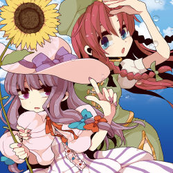  2girls arms_around_another's_back blue_bow blue_eyes bow braid bubble flower green_bow green_hat green_skirt green_vest hair_bow hat hong_meiling long_hair looking_at_viewer multiple_girls multiple_hair_bows ngayope patchouli_knowledge pink_robe pointing pointing_up purple_hair red_bow red_hair robe shirt side_slit single_braid skirt sky striped_clothes sun_hat sunflower touhou vertical-striped_clothes vest violet_eyes white_shirt 