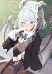 1girl absurdres ai_ai_gasa black_jacket black_pantyhose black_skirt blue_ribbon blush butterfly_hair_ornament chalkboard classroom commentary_request covering_own_mouth daya_(trickcal) dragon_ears dragon_girl dragon_horns dragon_tail dragon_wings hair_ornament heart highres holding holding_letter horns indoors jacket jacket_on_shoulders letter long_sleeves looking_to_the_side neck_ribbon official_alternate_costume open_clothes open_jacket pantyhose pleated_skirt pointy_ears ribbon skirt solo sweater_vest tail trickcal wings yuwano_(yuwanoonsen) 