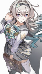  1girl bag black_hairband black_skirt blush bow breasts collarbone commentary_request firefly_(honkai:_star_rail) firefly_(spring_missive)_(honkai:_star_rail) fireworks gradient_hair green_bow green_hair grey_hair hair_between_eyes hair_intakes hair_ornament hairband highres holding holding_bag holding_fireworks honkai:_star_rail honkai_(series) ikusaneko long_hair long_sleeves medium_breasts multicolored_hair official_alternate_costume pantyhose parted_lips pink_eyes plaid_bow pleated_skirt school_uniform serafuku simple_background skirt solo white_background white_pantyhose 