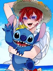  2boys animal animal_ears animal_nose beach black_eyes blue_fur blue_shorts carrying claws clouds collared_shirt crossover day disney flower flower_necklace fune_(user_kujn8834) glasses grey_eyes hair_between_eyes hand_on_own_hat hand_up hat hat_flower hat_ornament highres holding holding_animal in-franchise_crossover large_nose lilo_&amp;_stitch multiple_boys ocean open_mouth red_hair riddle_rosehearts riddle_rosehearts_(tropical_wear) sharp_teeth shirt short_hair short_sleeves shorts sky smile stained_glass stitch_(lilo_&amp;_stitch) straw_hat sunglasses teeth tongue twisted_wonderland two-tone_fur upper_teeth_only white_shirt 