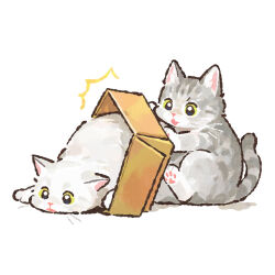  ^^^ animal animal_focus box cardboard_box cat commentary english_commentary fang gentlecat green_eyes highres in_box in_container no_humans open_mouth original simple_background skin_fang whiskers white_background 