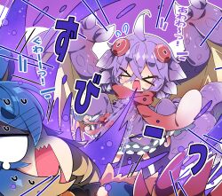  2girls ahoge arzuros blank_eyes blue_hair brown_hair brown_wings chameleos chibi closed_eyes commentary_request dress flying_sweatdrops gradient_hair highres long_sleeves milkpanda monster_hunter_(series) multicolored_hair multiple_girls open_mouth personification purple_dress purple_hair red_scarf scarf sleeves_past_fingers sleeves_past_wrists translation_request turn_pale v-shaped_eyes wavy_mouth white_hair wings 