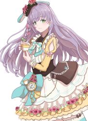  1girl absurdres animal_ears bag beret black_hat blue_thighhighs braid brown_bag commentary cowboy_shot cup dress earrings flower fushigi_to_kimi_to_library green_eyes grin hat hat_flower highres holding holding_cup jewelry long_hair looking_at_viewer lop_rabbit_ears love_live! love_live!_hasu_no_sora_jogakuin_school_idol_club otomune_kozue parted_lips pink_flower pocket_watch purple_dress rabbit_ear_headwear rabbit_ears side_braid simple_background smile solo teacup thigh-highs untranslatable_commentary very_long_hair virtual_youtuber watch white_background yutin_(36_712) 