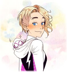  1girl asymmetrical_hair blonde_hair blue_eyes blush chibi chibi_inset closed_mouth commentary english_commentary eyebrow_piercing eyelashes face_piercing gwen_stacy hood hood_basket hood_down jungyun99 marvel mismatched_eyebrows piercing short_hair sidecut simple_background smile spider-gwen spider-man:_into_the_spider-verse spider-man_(series) spider-verse third-party_source undercut white_background 