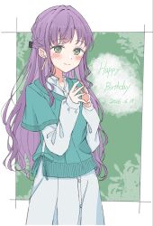  1girl blush border closed_mouth commentary_request cowboy_shot dress green_background green_eyes green_sweater half_updo happy_birthday highres iroha_(nami3) layered_sleeves long_sleeves love_live! love_live!_hasu_no_sora_jogakuin_school_idol_club otomune_kozue otomune_kozue_(in_university) outside_border purple_hair short-sleeved_sweater short_over_long_sleeves short_sleeves smile solo steepled_fingers sweater virtual_youtuber white_border white_dress 