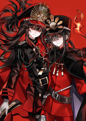  1boy 1girl absurdres belt black_belt black_cape black_hair black_hat black_jacket blunt_bangs brother_and_sister brown_belt buttons cape chain cowboy_shot double-breasted fate/grand_order fate_(series) fiery_hair floating_hair gloves gold_necklace grey_gloves gun hair_between_eyes hair_over_one_eye hat high_collar highres holding holding_gun holding_weapon jacket jewelry long_hair long_sleeves looking_at_viewer low_ponytail medallion military_hat military_jacket military_uniform necklace oda_nobukatsu_(fate) oda_nobunaga_(fate) oda_uri open_mouth outstretched_arm peaked_cap ponytail red_background red_cape red_eyes red_jacket shaded_face shako_cap siblings sidelocks simple_background smirk very_long_hair weapon xixing_chun 