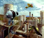  aircraft airplane awl blue_sky chimney cloud clouds factory grass ladder magnemite mawile no_humans paper plane pokemon pokemon_(creature) registeel rust sky spring_bane swing zenmai_hizu 
