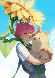  1boy absurdres animal animal_ears annegogo99 arms_up bamby_(plave) clouds commentary_request cowboy_shot flower hamster hamster_boy hamster_ears highres holding holding_animal kemonomimi_mode korean_commentary leaf looking_at_viewer male_focus overalls parted_lips pink_hair plant plave shirt short_sleeves sky solo striped_clothes striped_shirt sunflower white_shirt 