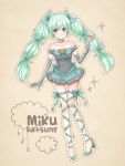  character_name choker elbow_gloves gloves green_eyes green_hair hatsune_miku high_heels highres long_hair microphone nyaa ribbon shoes simple_background smile solo thigh_gap thighs twintails vocaloid 