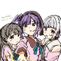 3girls :o bare_shoulders beret black_hat brown_hair closed_mouth clothing_cutout collared_dress colored_inner_hair commentary contrast_collar dream_believers dress flower fujishima_megumi grey_hair hair_bun hair_flower hair_ornament happy_birthday hasu_no_daisankaku hat long_hair long_sleeves looking_at_viewer love_live! love_live!_hasu_no_sora_jogakuin_school_idol_club multicolored_hair multiple_girls open_mouth otomune_kozue pink_dress purple_hair red_flower red_hair rounded_collar short_hair short_sleeves shoulder_cutout side_ponytail simple_background single_side_bun smile split_mouth star_(symbol) star_hair_ornament sugaryu_(su37347929d) two_side_up untranslatable_commentary white_background yugiri_tsuzuri 