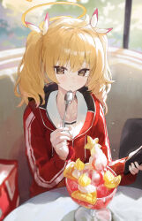  1girl absurdres blue_archive blush brown_eyes cellphone closed_mouth commentary_request food hair_ribbon halo highres holding holding_phone holding_spoon jacket jianjia long_sleeves looking_at_viewer medium_hair parfait phone red_jacket ribbon sitting smile spoon track_jacket twintails white_ribbon yellow_halo yellow_ribbon yoshimi_(blue_archive) 