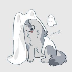  absurdres animal_focus commentary full_body ghost grey_background highres no_humans original rinrinwolf signature simple_background tongue tongue_out under_covers white_blanket wolf 