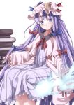  blush book bow crescent dress gurasion_(gurasion) hair_bow hat highres long_hair patchouli_knowledge purple_eyes purple_hair simple_background sitting smile solo touhou very_long_hair violet_eyes white_background 