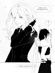  0gong0g 1boy 1girl ? absurdres armor belt black_gloves black_hair black_jacket black_necktie black_pants black_shirt black_suit breasts buster_sword cissnei closed_mouth collared_shirt commentary_request crisis_core:_final_fantasy_vii falling_leaves final_fantasy final_fantasy_vii gloves greyscale hair_slicked_back hand_in_pocket hands_on_own_hips highres jacket korean_commentary leaf light_blush long_hair medium_breasts monochrome multiple_belts necktie pants parted_bangs pauldrons shirt short_hair shoulder_armor smile spoken_question_mark suit suspenders sword sword_on_back translated upper_body wavy_hair weapon weapon_on_back white_shirt zack_fair 
