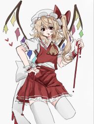 1girl :p ascot blonde_hair blood bow collared_shirt commentary cropped_legs crystal crystal_wings ebuna flandre_scarlet frilled_shirt_collar frilled_skirt frilled_wrist_cuffs frills hand_on_own_hip hat hat_bow highres long_hair looking_at_viewer mob_cap multicolored_wings one_side_up pointy_ears puffy_short_sleeves puffy_sleeves red_bow red_eyes red_skirt red_vest red_wrist_cuffs shirt short_sleeves sketch skirt skirt_set solo thigh-highs tongue tongue_out touhou vest white_hat white_shirt white_thighhighs wings wrist_cuffs yellow_ascot 