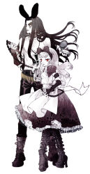  1boy 1girl ammunition_belt animal_ears apron armlet back_bow belt belt_boots black_dress black_hair black_nails boots bow chain claw_(weapon) collar cross cross_necklace dress facepaint flail frilled_dress frills gloves gothic_lolita hair_belt hair_bow high_heels highres holding holding_flail holding_weapon inverted_cross inverted_cross_necklace inverted_cross_print jewelry knee_boots lace-up_boots lace_trim leather leather_pants lipstick lolita_fashion long_hair makeup necklace original pants platform_boots pocket_watch puffy_short_sleeves puffy_sleeves rabbit_ears red_eyes ryuuran short_sleeves spiked_armlet spiked_boots spiked_collar spiked_gloves spiked_hair_ornament spikes swept_bangs topless_male very_long_hair watch weapon white_apron white_hair 