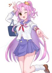  1girl ahoge bag blue_sailor_collar bracelet brown_eyes collarbone commentary_request double_v drill_hair earrings flower gakkou_gurashi! gyaru hair_flower hair_ornament heart heart_earrings high-waist_skirt highres holding holding_bag huge_ahoge jewelry long_hair long_sleeves looking_at_viewer megurigaoka_high_school_uniform miniskirt neckerchief one_side_up pink_nails red_neckerchief rokkii_(pixiv77873722) sailor_collar sakura_megumi school_bag school_uniform shirt simple_background skirt socks v very_long_hair white_background white_shirt white_socks 
