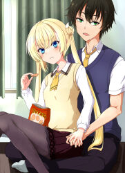  1boy 1girl :t absurdres ahoge black_hair black_pantyhose blonde_hair blue_eyes blue_sweater_vest blunt_ends blush breasts brown_skirt chips_(food) closed_mouth collared_shirt commentary couple crossed_bangs curtains day dress_shirt eating eyelashes eyes_visible_through_hair feet_out_of_frame food frown full_body furrowed_brow hair_between_eyes hetero highres holding holding_food holding_hands indian_style indoors interlocked_fingers karukan_(karukann) knees_together_feet_apart knees_up long_hair long_sleeves looking_ahead looking_at_viewer mizuka_academy_school_uniform necktie no_shoes open_mouth pantyhose pleated_skirt potato_chips school_uniform shirayuki_noa shirt short_hair short_necktie short_sleeves sidelocks sitting sitting_on_lap sitting_on_person skirt small_breasts straight_hair sweatdrop sweater_vest tanikaze_riku tenshi_souzou_re-boot! tsurime very_long_hair white_shirt window yellow_necktie yellow_sweater_vest 