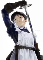  1boy alternate_costume apron arm_up belt black_belt black_gloves blue_eyes brown_hair closed_mouth collared_shirt commentary_request cowboy_shot crossdressing crossdressing_(mtf) drawing_sword frilled_apron frills frown gloves highres holding holding_sword holding_weapon ikari_shinji long_sleeves looking_down maid_apron male_focus moyangahdid neon_genesis_evangelion rapier scabbard sheath shirt short_hair simple_background sleeve_cuffs solo sword very_short_hair weapon white_background wing_collar 