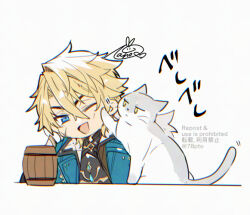  1boy :d ;d aqua_coat armor artist_name black_coat black_shirt blonde_hair blue_eyes cat chibi chibi_only coat commentary_request counter cup fur-trimmed_coat fur_trim genshin_impact hair_between_eyes lapels looking_at_viewer male_focus mug naho_(pi988y) one_eye_closed open_clothes open_coat open_mouth parted_bangs pauldrons scar scar_on_cheek scar_on_face shirt short_hair shoulder_armor signature simple_background single_pauldron smile solo tankard thick_eyebrows twitter_username upper_body varka_(genshin_impact) watermark white_background white_cat 