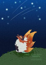  +_+ absurdres black_eyes bug colored_sclera commentary_request grass highres insect_wings looking_up moth moth_wings multiple_wings night no_humans orange_wings pokemon pokemon_(creature) pokemon_focus pokemon_scarlet_and_violet shooting_star sky slither_wing standing star_(sky) starry_sky white_fur wings yellow_sclera zozozoshion 