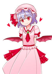  1girl arms_behind_back ascot back_bow bat_wings bow brooch chomae closed_mouth collared_shirt commentary_request frilled_shirt_collar frills hat hat_ribbon heart highres jewelry looking_at_viewer medium_hair mob_cap pink_hat pink_shirt pink_skirt puffy_short_sleeves puffy_sleeves purple_hair red_ascot red_bow red_eyes remilia_scarlet ribbon shirt short_sleeves simple_background skirt skirt_set smile solo touhou wings 