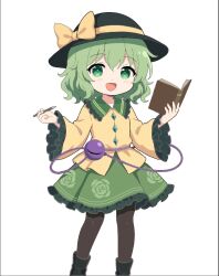  1girl book boots bow brown_pantyhose buttons chinese_commentary collared_shirt commentary_request diamond_button disembodied_linked_eye eyeball floral_print frilled_shirt_collar frilled_skirt frilled_sleeves frills green_boots green_eyes green_hair green_hat green_skirt hat hat_bow holding holding_book komeiji_koishi long_sleeves looking_at_viewer medium_hair open_book pantyhose print_skirt rose_print shirt simple_background skirt solo tiannin84255931 touhou white_background wide_sleeves yellow_bow yellow_shirt 