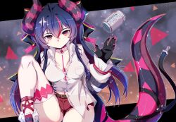  1girl ahoge blurry blurry_background body_markings bow can choker closed_mouth collarbone collared_shirt commentary dragon_girl dragon_horns dragon_tail drink_can finger_claws floating frilled_sleeves frills fur_trim hair_bow hair_ornament hairclip horns knee_up light_particles long_hair long_sleeves looking_at_viewer multicolored_eyes multicolored_hair neverness_to_everness partially_unbuttoned purple_hair red_eyes red_shorts shade shinku_(nte) shirt shorts sitting soda_can solo streaked_hair tail thick_thighs thigh-highs thighs two-tone_hair white_shirt white_thighhighs wide_sleeves yoshi_(crossmind) 