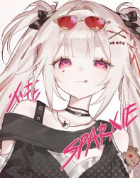  1girl :q bare_shoulders black_choker butterfly-shaped_pupils character_name choker commentary double-parted_bangs eyewear_on_head facial_mark hair_ornament hair_ribbon heart heart_facial_mark honkai:_star_rail honkai_(series) ichi_l0 jewelry long_hair looking_at_viewer necklace official_alternate_costume official_alternate_hairstyle pink_eyes ribbon simple_background solo sparkle_(honkai:_star_rail) sparxie_(candy-coated_waves)_(honkai:_star_rail) sparxie_(honkai:_star_rail) sunglasses symbol-shaped_pupils tongue tongue_out twintails two_side_up untranslatable_commentary white_background white_hair x_hair_ornament 