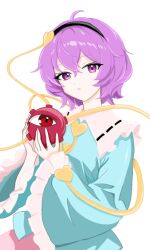 13nonaigdaz 1girl aqua_shirt black_hairband buttons collared_shirt commentary_request disembodied_linked_eye eyeball frilled_shirt_collar frilled_sleeves frills hair_ornament hairband heart heart_button heart_hair_ornament highres komeiji_satori long_sleeves looking_at_viewer pink_eyes pink_hair pink_skirt ribbon-trimmed_collar ribbon_trim shirt short_hair simple_background skirt solo touhou white_background wide_sleeves 