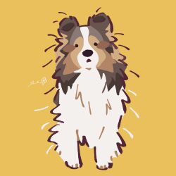  absurdres animal_focus chinese_commentary closed_mouth commentary dog full_body highres looking_at_viewer no_humans original rinrinwolf signature solid_circle_eyes untranslatable_commentary yellow_background 