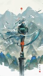  animal_ears arcane_(arknights) arknights arknights:_endfield arms_behind_back bag_pouch bird bird_ears bird_girl cape chinese_text commentary from_behind gloves hair_ribbon head_wings highres ink long_hair long_sleeves looking_to_the_side mountainous_horizon multicolored_cape parted_bangs red_ribbon red_thighhighs ribbon sanyue_xun split_ponytail standing_on_object thigh-highs traditional_chinese_text two-sided_gloves two-tone_cape very_long_hair watercolor_effect wind wings 