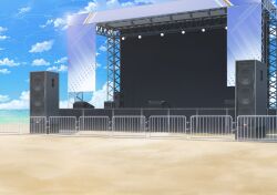  banner beach blue_archive blue_sky clouds day fence game_asset highres no_humans non-web_source ocean official_art outdoors railing ring_of_light_(blue_archive) sand scaffolding scenery screen sky speaker spotlight stage stage_lights 
