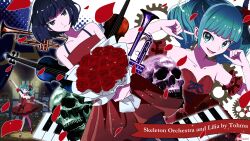  2girls absurdres aqua_eyes aqua_hair aqua_nails arm_garter ballerina ballet ballet_dress ballet_slippers bare_shoulders black_hair black_pantyhose blue_eyes blunt_bangs bouquet cello closed_mouth collarbone double_bass dress elreah0 en_pointe expressionless falling_petals flower gaikotsu_gakudan_to_riria_(vocaloid) gears hair_flower hair_ornament hatsune_miku hatsune_miku_(etoile) highres instrument light_particles long_hair looking_at_viewer multiple_girls open_mouth pantyhose petals piano_keys plugging_ears red_dress red_flower red_rose rose short_hair skull smile song_name spaghetti_strap strapless strapless_dress trumpet twintails vocaloid 